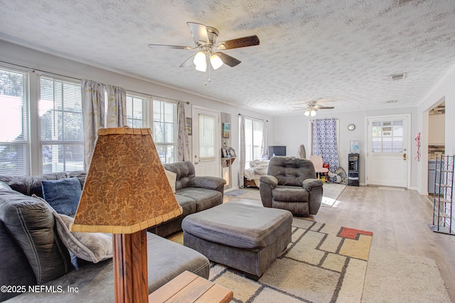 living room with plenty of natural light, a textured ceiling, and light hardwood / wood-style flooring