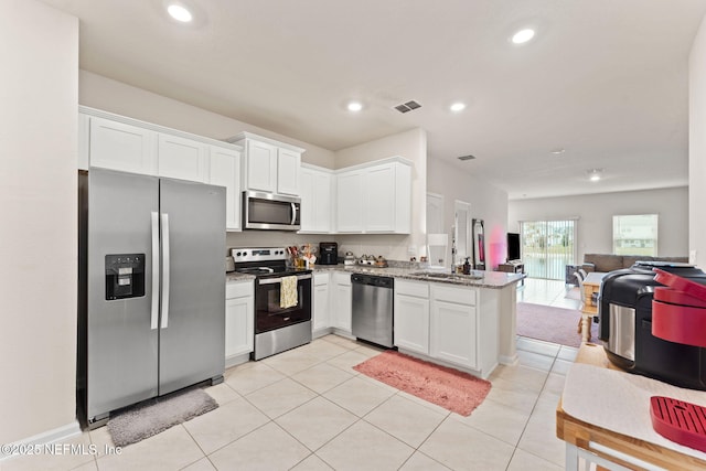 kitchen featuring kitchen peninsula, white cabinetry, and stainless steel appliances