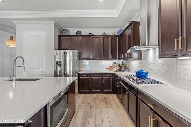 kitchen featuring appliances with stainless steel finishes, wall chimney exhaust hood, tasteful backsplash, sink, and light hardwood / wood-style flooring