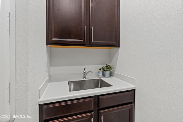 interior space with dark brown cabinets and sink