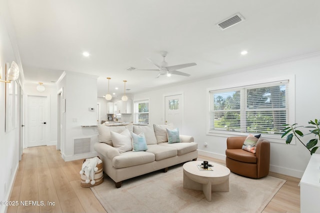 living room with ceiling fan, plenty of natural light, and light hardwood / wood-style flooring