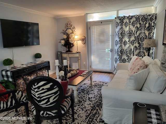 living room featuring light hardwood / wood-style floors, a wall of windows, ornamental molding, and a textured ceiling