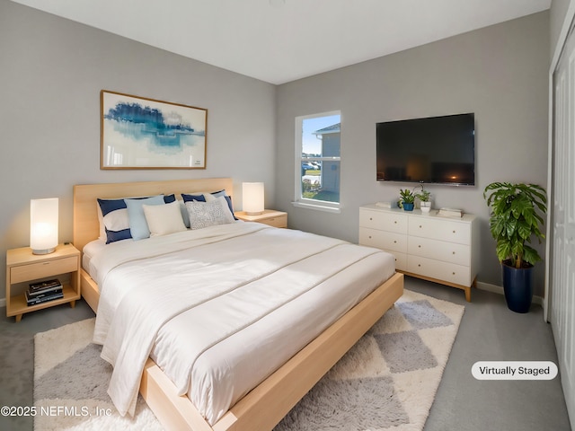 bedroom with light carpet and a closet