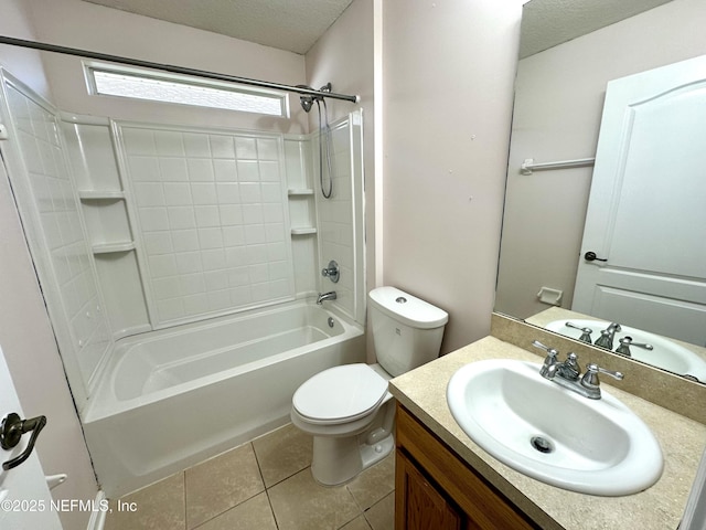 full bathroom with vanity, tile patterned floors, shower / washtub combination, toilet, and a textured ceiling