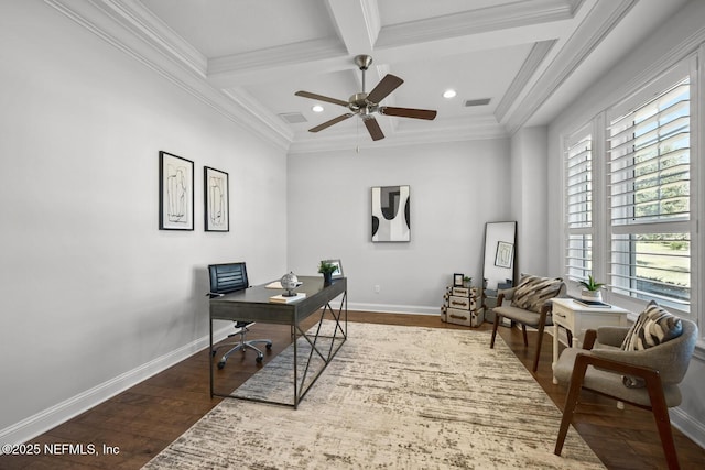 office with beamed ceiling, dark wood-type flooring, a wealth of natural light, and coffered ceiling