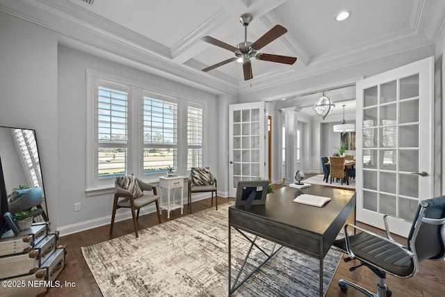 home office with french doors, coffered ceiling, beamed ceiling, ceiling fan with notable chandelier, and ornamental molding