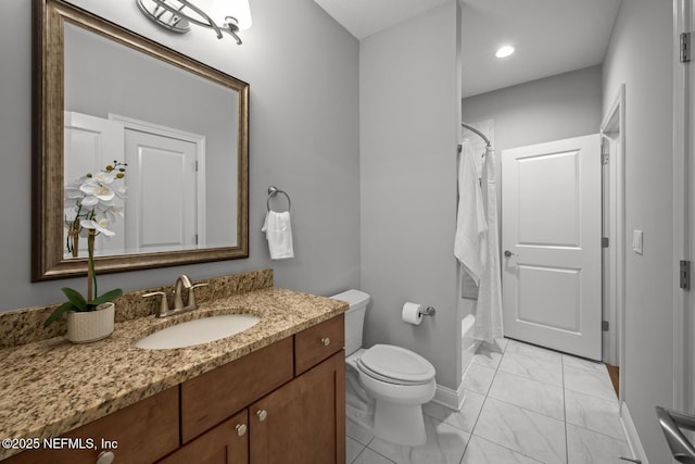 full bathroom featuring vanity, toilet, and shower / bathtub combination with curtain