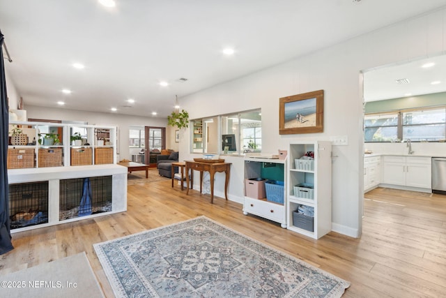 living room featuring light hardwood / wood-style flooring and sink