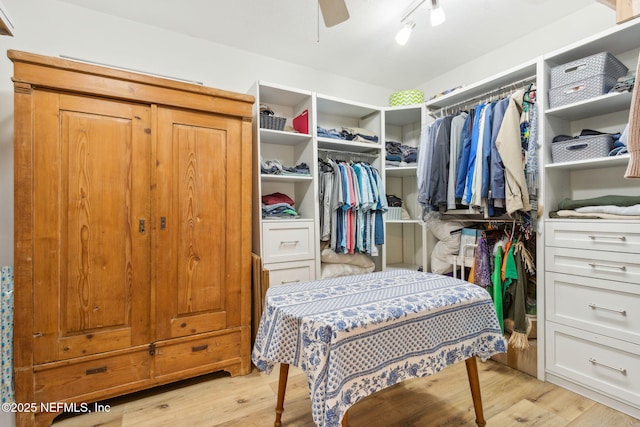 walk in closet featuring ceiling fan and light hardwood / wood-style floors