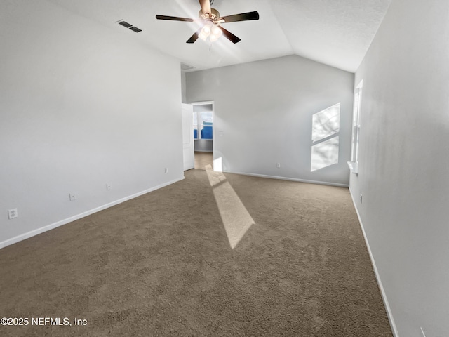 unfurnished living room with carpet floors, ceiling fan, and lofted ceiling