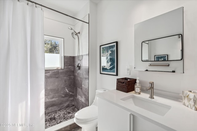 bathroom featuring a shower with shower curtain, vanity, and toilet