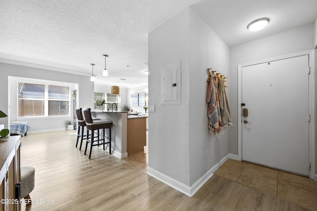 foyer with light wood-type flooring, a textured ceiling, and electric panel