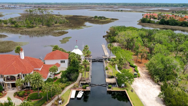 aerial view featuring a water view