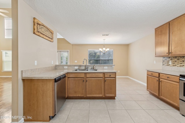 kitchen featuring kitchen peninsula, stainless steel dishwasher, sink, pendant lighting, and a notable chandelier