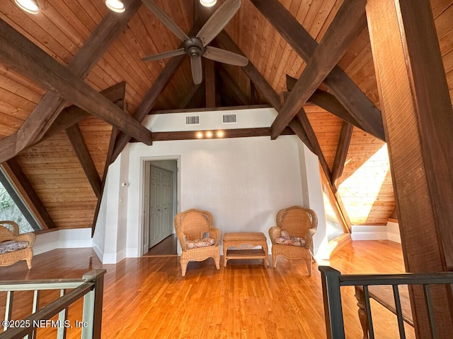 sitting room featuring vaulted ceiling with beams, wood ceiling, and light hardwood / wood-style floors