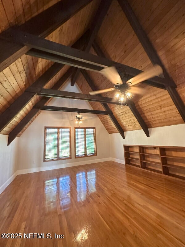 bonus room featuring vaulted ceiling with beams, hardwood / wood-style flooring, ceiling fan, and wooden ceiling