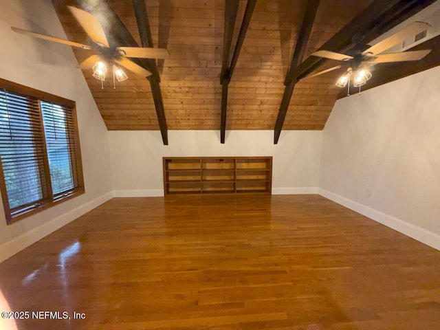 bonus room with vaulted ceiling with beams, wood ceiling, and hardwood / wood-style flooring