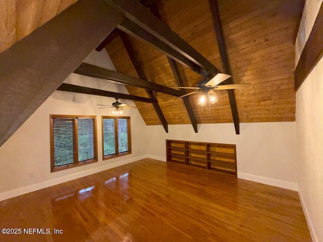 additional living space with vaulted ceiling with beams, wooden ceiling, and hardwood / wood-style flooring