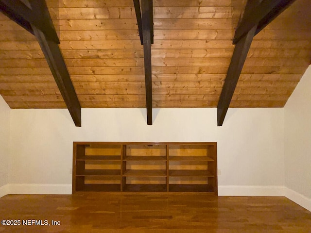 bonus room with vaulted ceiling with beams, dark hardwood / wood-style flooring, and wooden ceiling