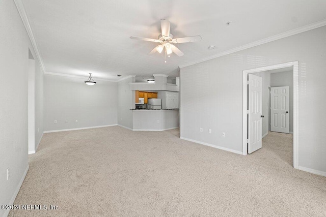 unfurnished living room with light carpet, ceiling fan, and ornamental molding