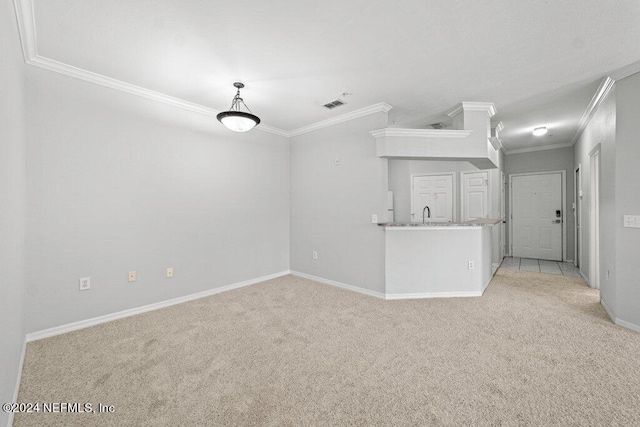 unfurnished room featuring light colored carpet, ornamental molding, and sink