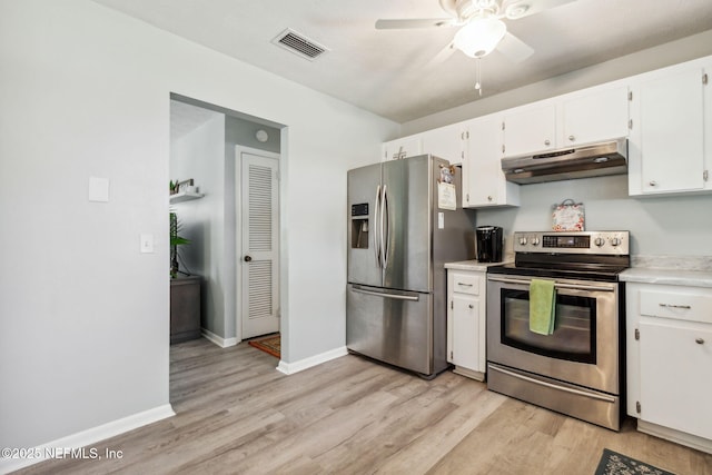 kitchen featuring ceiling fan, light wood-type flooring, white cabinetry, and appliances with stainless steel finishes