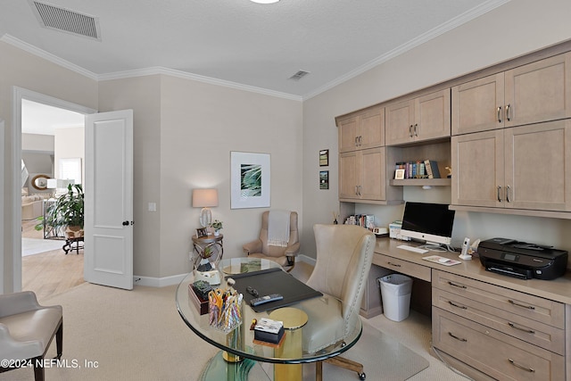 office with light colored carpet and ornamental molding