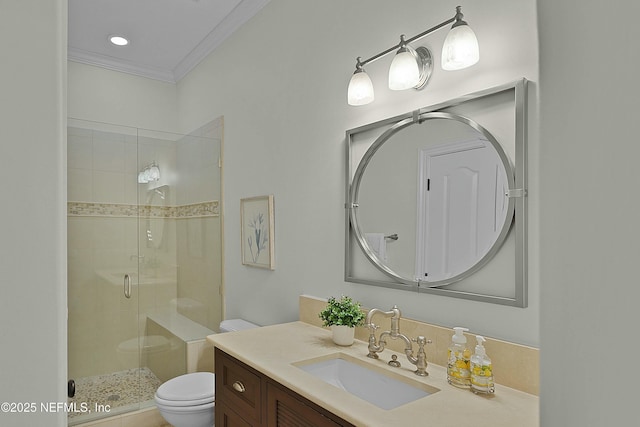 full bathroom with toilet, crown molding, a shower stall, recessed lighting, and vanity