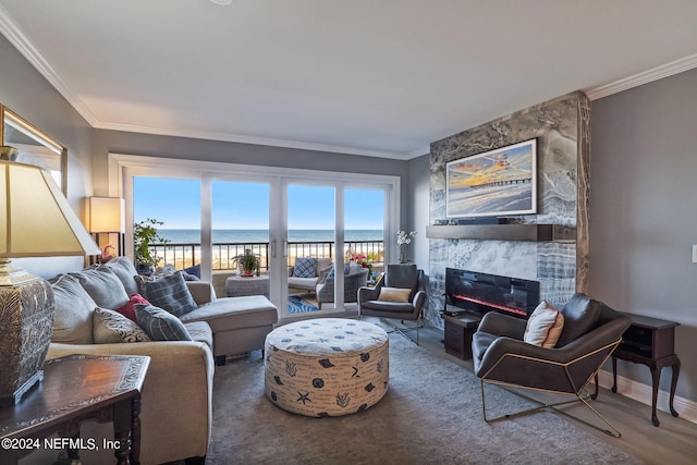 living room featuring crown molding, a fireplace, a water view, and wood-type flooring