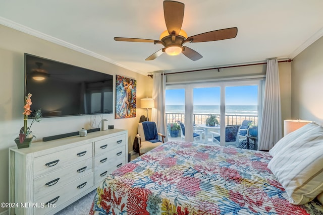 carpeted bedroom featuring a water view, ceiling fan, and ornamental molding