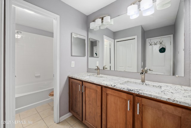 full bathroom featuring toilet, bathtub / shower combination, vanity, and tile patterned floors