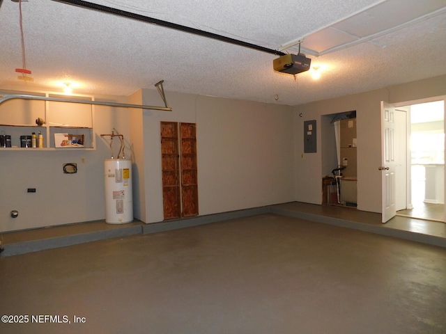 garage with electric water heater, electric panel, and a garage door opener