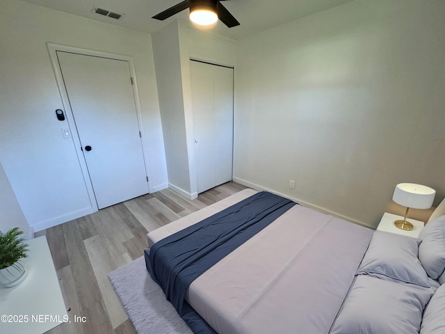 bedroom featuring ceiling fan and light wood-type flooring