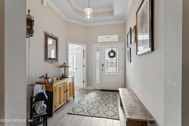 entrance foyer with ornamental molding and a tray ceiling