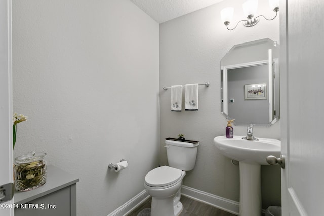 bathroom featuring hardwood / wood-style floors, toilet, and a textured ceiling