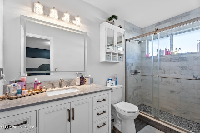 bathroom featuring vanity, toilet, and a shower with door