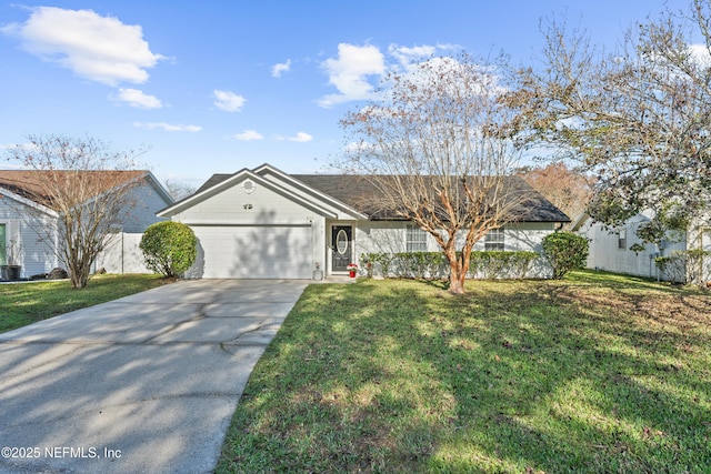 ranch-style house with a garage and a front lawn