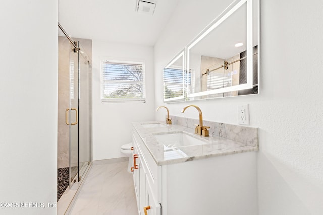 bathroom featuring vanity, toilet, and walk in shower