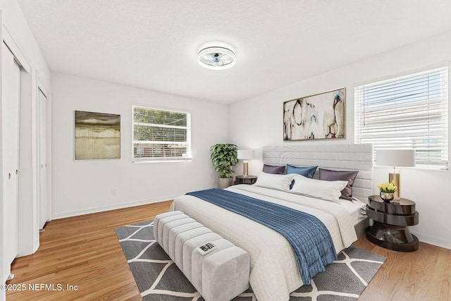 bedroom with hardwood / wood-style floors and a closet