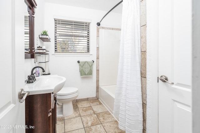 full bathroom with shower / tub combo, vanity, and toilet