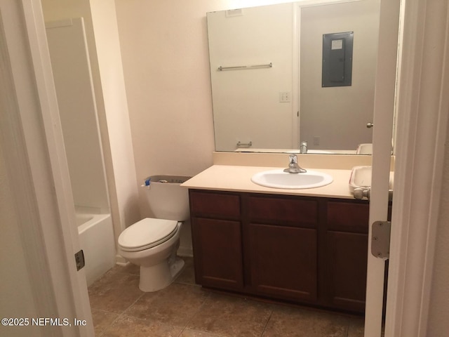 bathroom featuring vanity, electric panel, and toilet