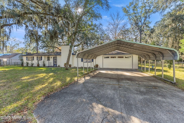 ranch-style home featuring a carport and a front lawn