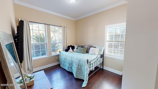 bedroom featuring dark wood-type flooring and ornamental molding