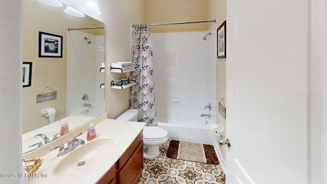 full bathroom with vanity, toilet, and shower / bathtub combination with curtain