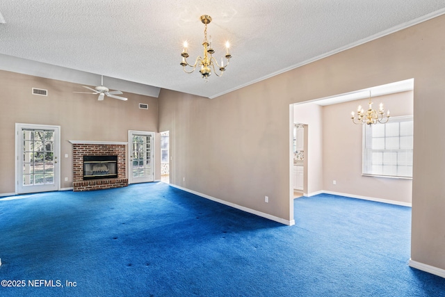 unfurnished living room with crown molding, dark carpet, and a fireplace