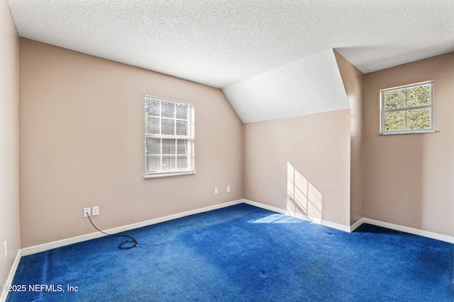 additional living space featuring carpet flooring, vaulted ceiling, and a textured ceiling