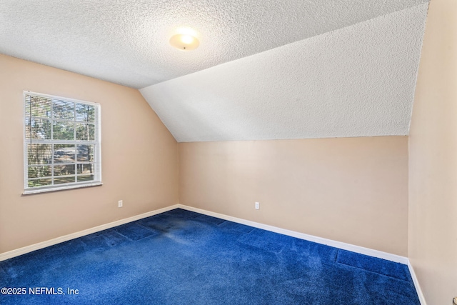 additional living space featuring lofted ceiling, carpet, and a textured ceiling