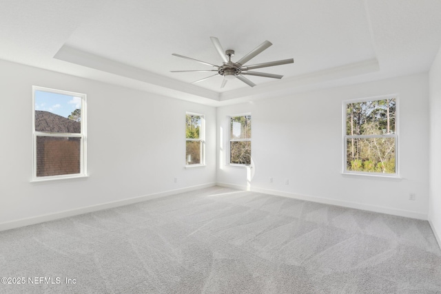 empty room featuring light colored carpet, a raised ceiling, and ceiling fan