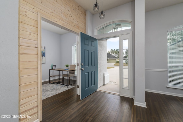 foyer featuring dark wood-type flooring and a high ceiling