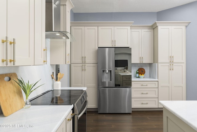 kitchen with tasteful backsplash, stainless steel appliances, dark hardwood / wood-style floors, and wall chimney exhaust hood